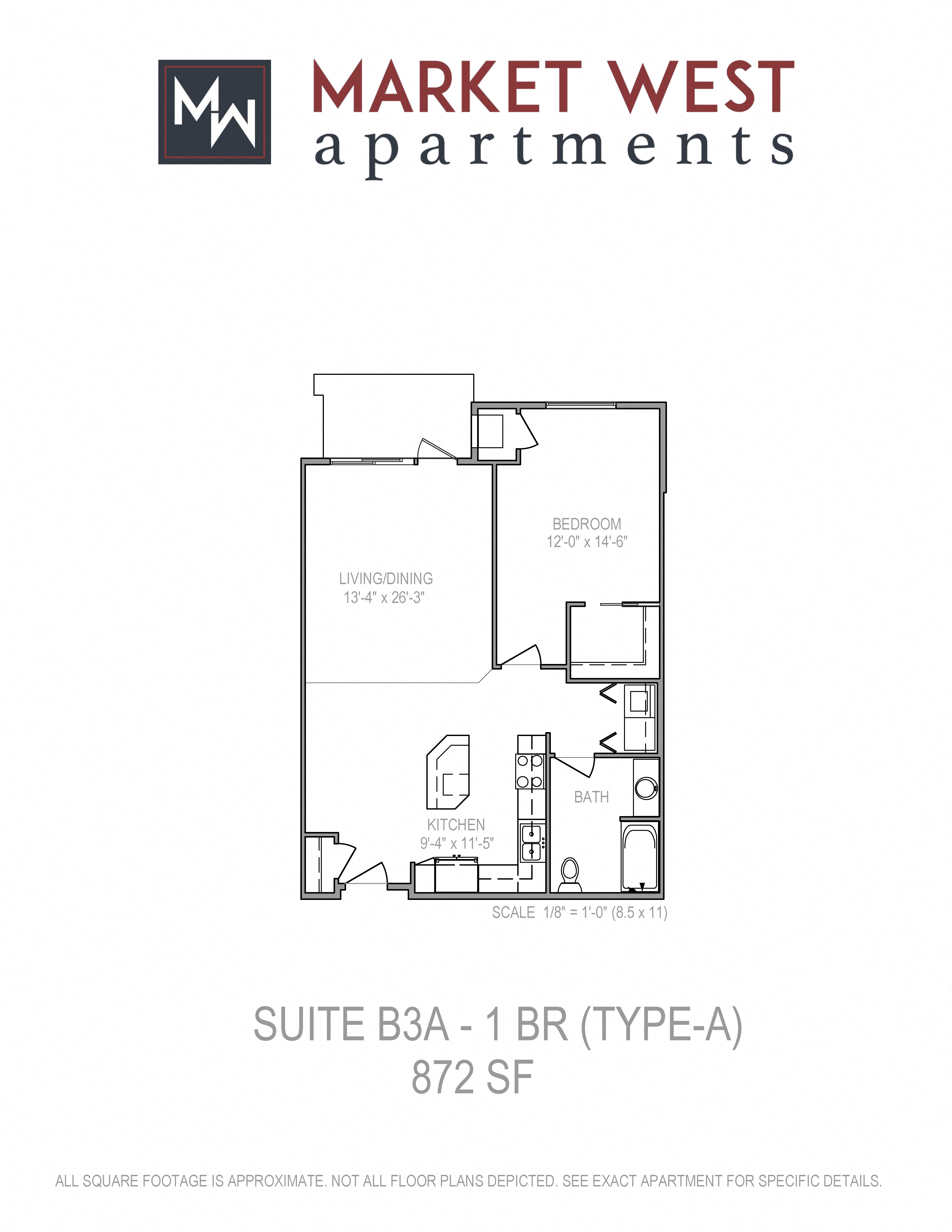 Floor plan for 1 bed, 1 bath, 872 sqft